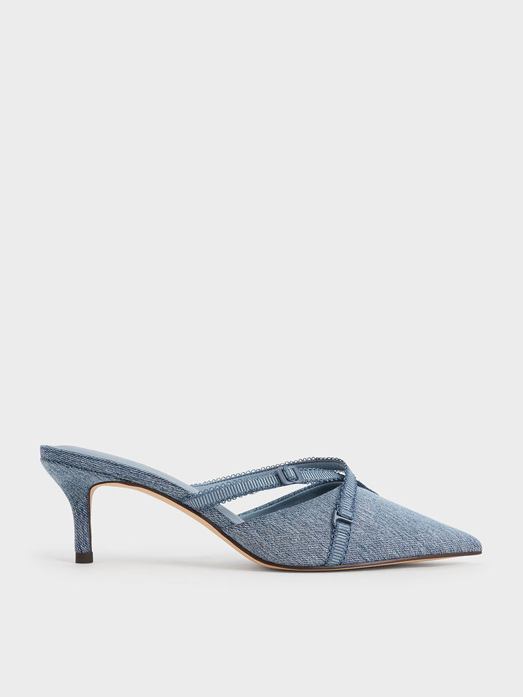 Denim Grosgrain-Strap Pointed-Toe Mules, Denim Blue, hi-res