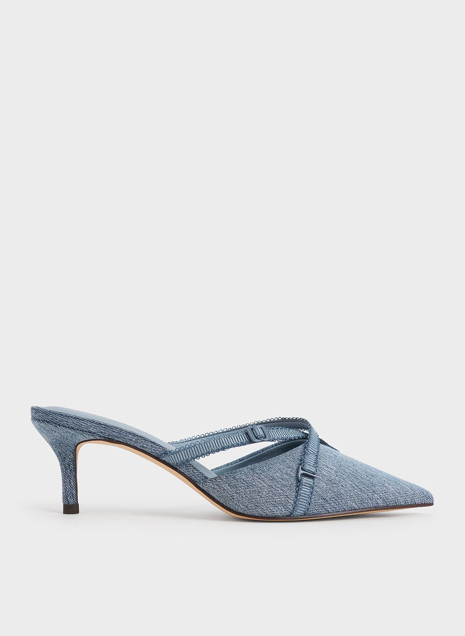 Denim Grosgrain-Strap Pointed-Toe Mules, Denim Blue, hi-res