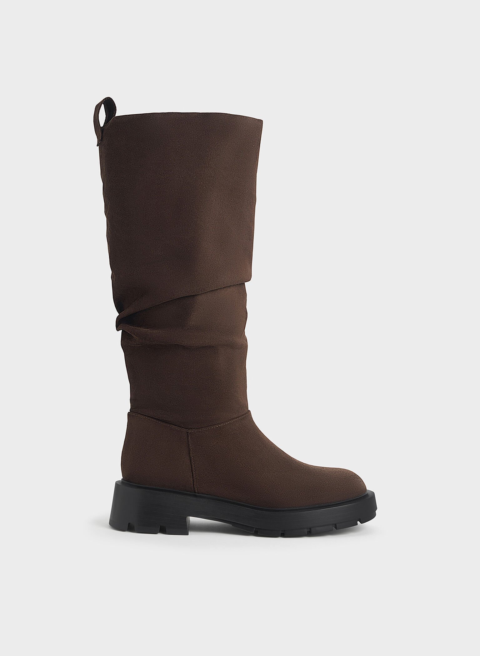 Faux Suede Ruched Knee-High Boots, Brown, hi-res