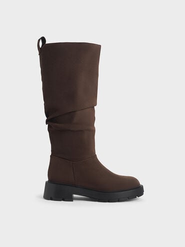 Faux Suede Ruched Knee-High Boots, Brown, hi-res