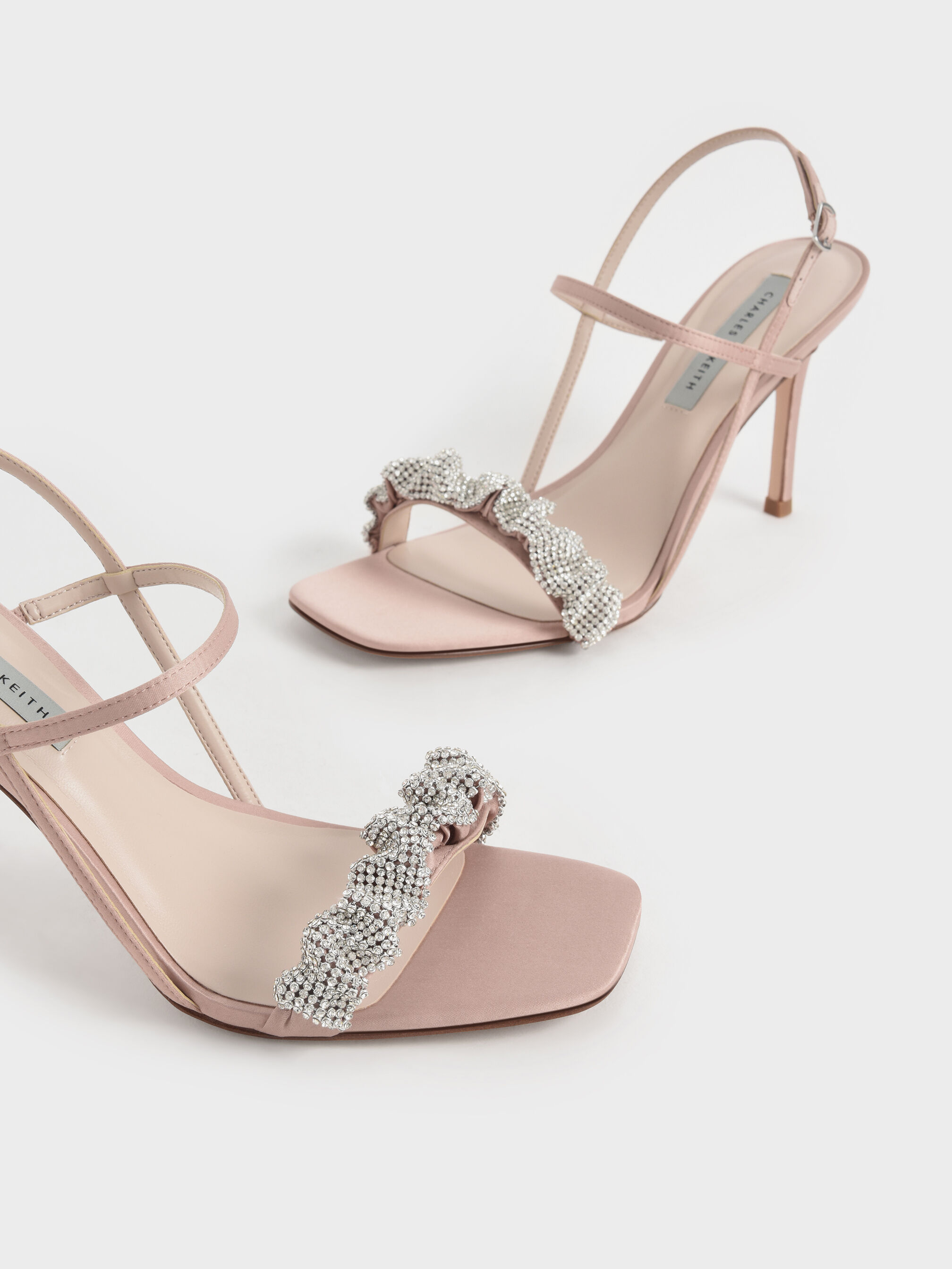Gem Embellished Satin Stiletto Sandals Blush