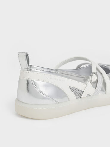 Metallic Mesh Two-Tone Ballet Sneakers, Silver, hi-res