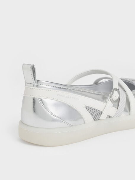 Metallic Mesh Two-Tone Ballet Sneakers, Silver, hi-res