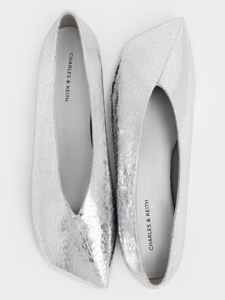 Metallic Crinkle-Effect Asymmetrical Square-Toe Ballet Flats, Silver, hi-res