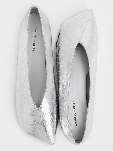 Metallic Crinkle-Effect Asymmetrical Square-Toe Ballet Flats, Silver, hi-res