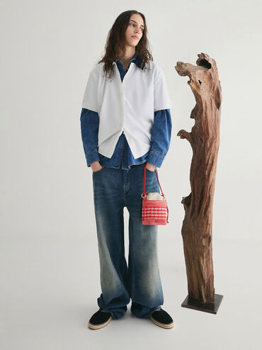 Girls' Ida Knitted Gingham Bucket Bag, Gingham Red, hi-res