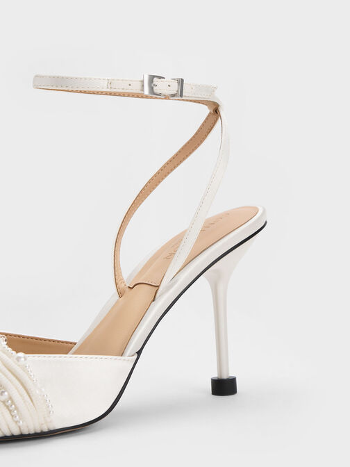 Leda Beaded Satin Ankle-Strap Pumps, White, hi-res