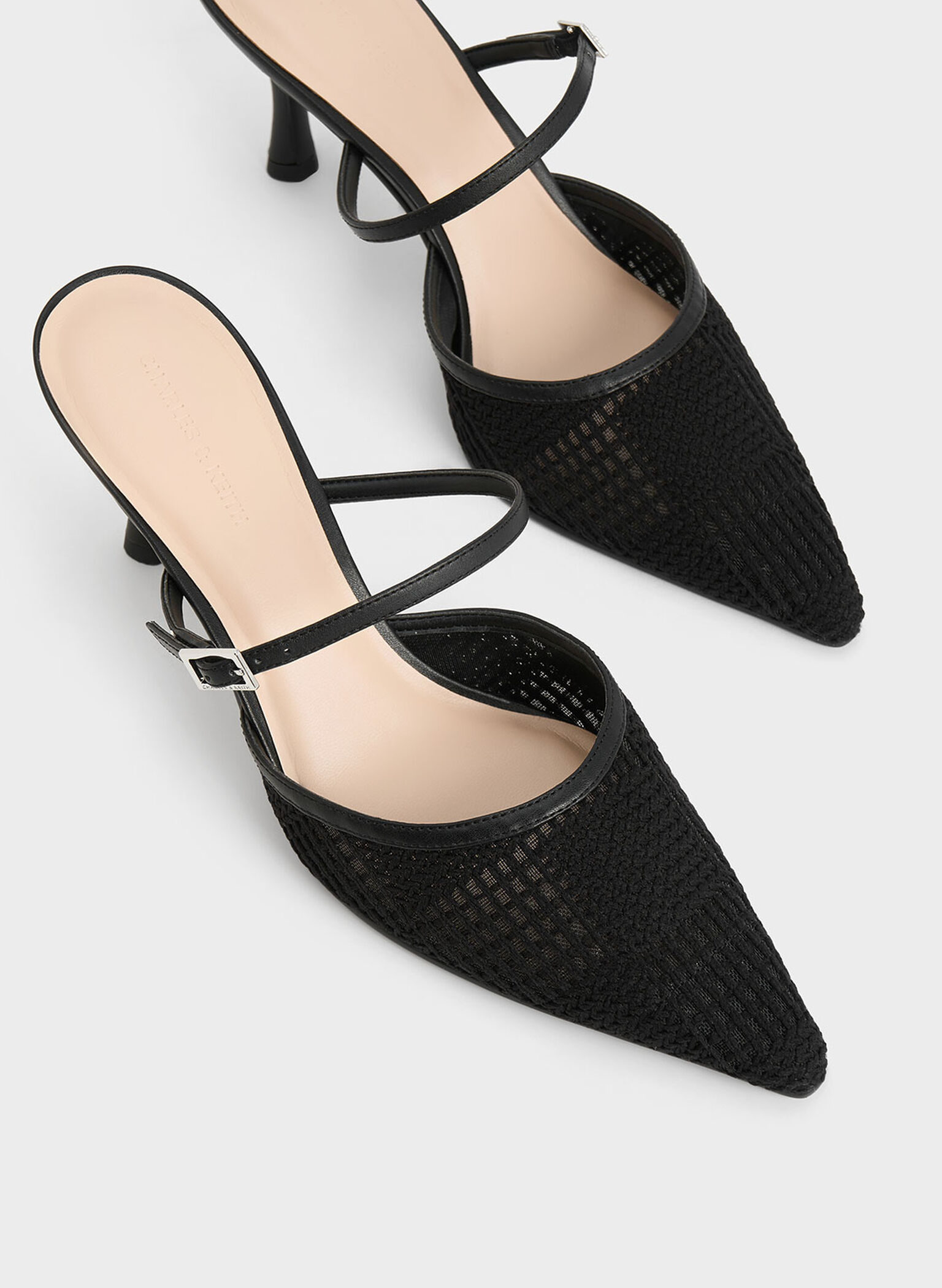 Mesh Woven Heeled Mules, Black Textured, hi-res