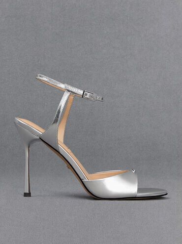 Metallic Leather Ankle Strap Pumps Silver
