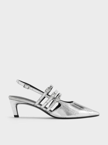 Metallic Triple-Strap Pointed-Toe Kitten-Heel Slingback Pumps, Silver, hi-res