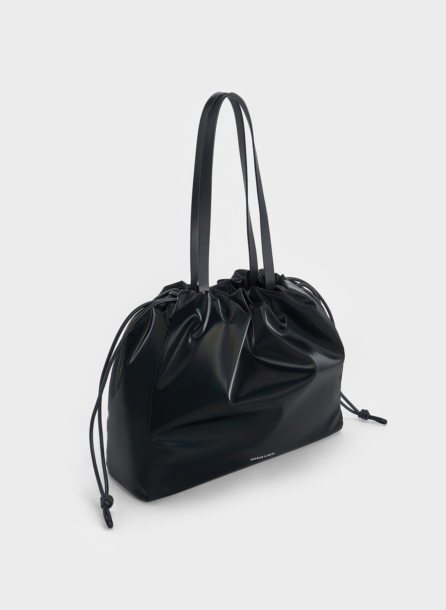 Bethel Shiny Ruched Drawstring Tote Bag, Jet Black, hi-res