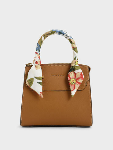 Scarf-Wrapped Top Handle Bag, Camel, hi-res