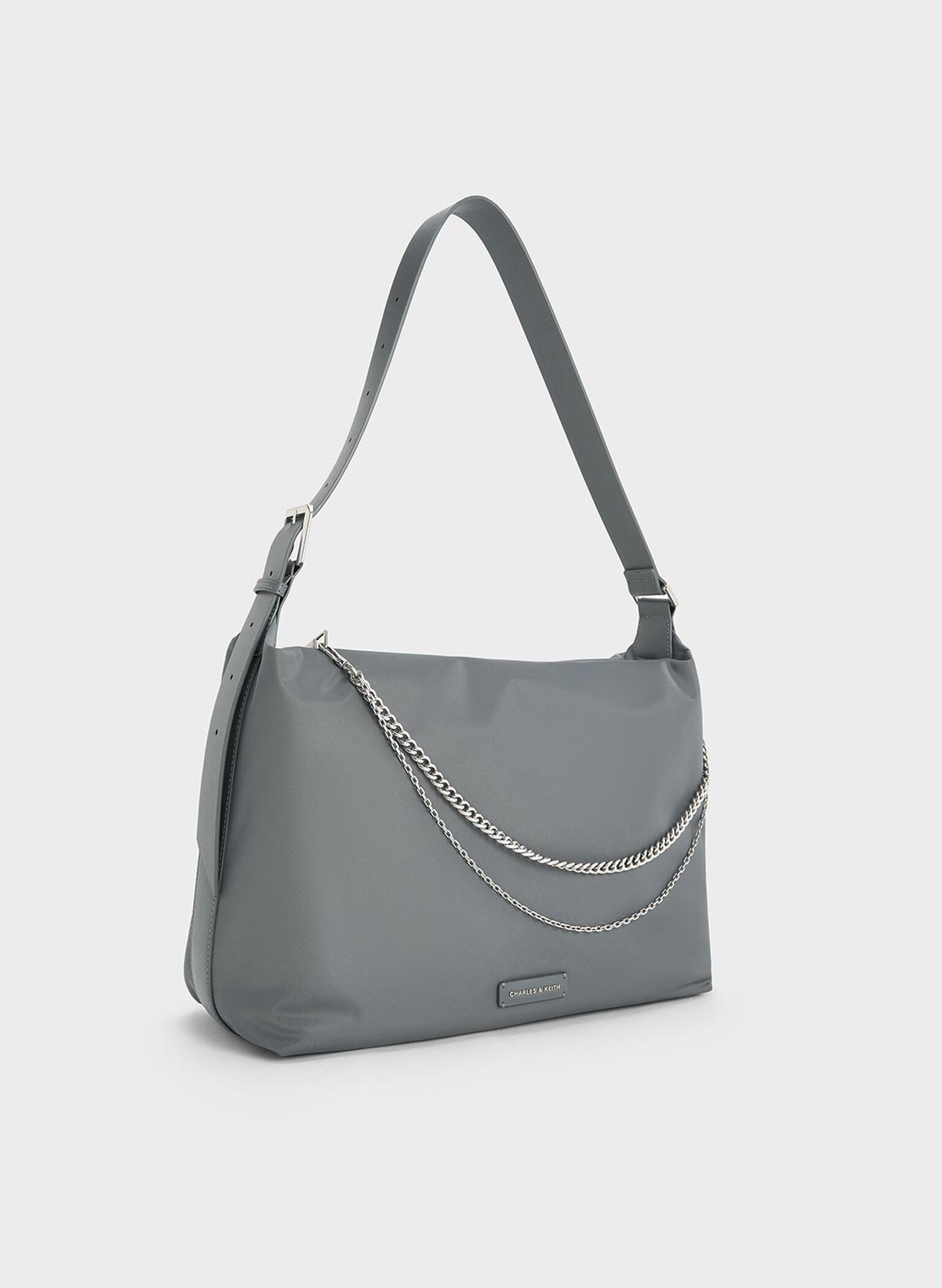 Nylon Chain-Link Slouchy Shoulder Bag, Grey, hi-res