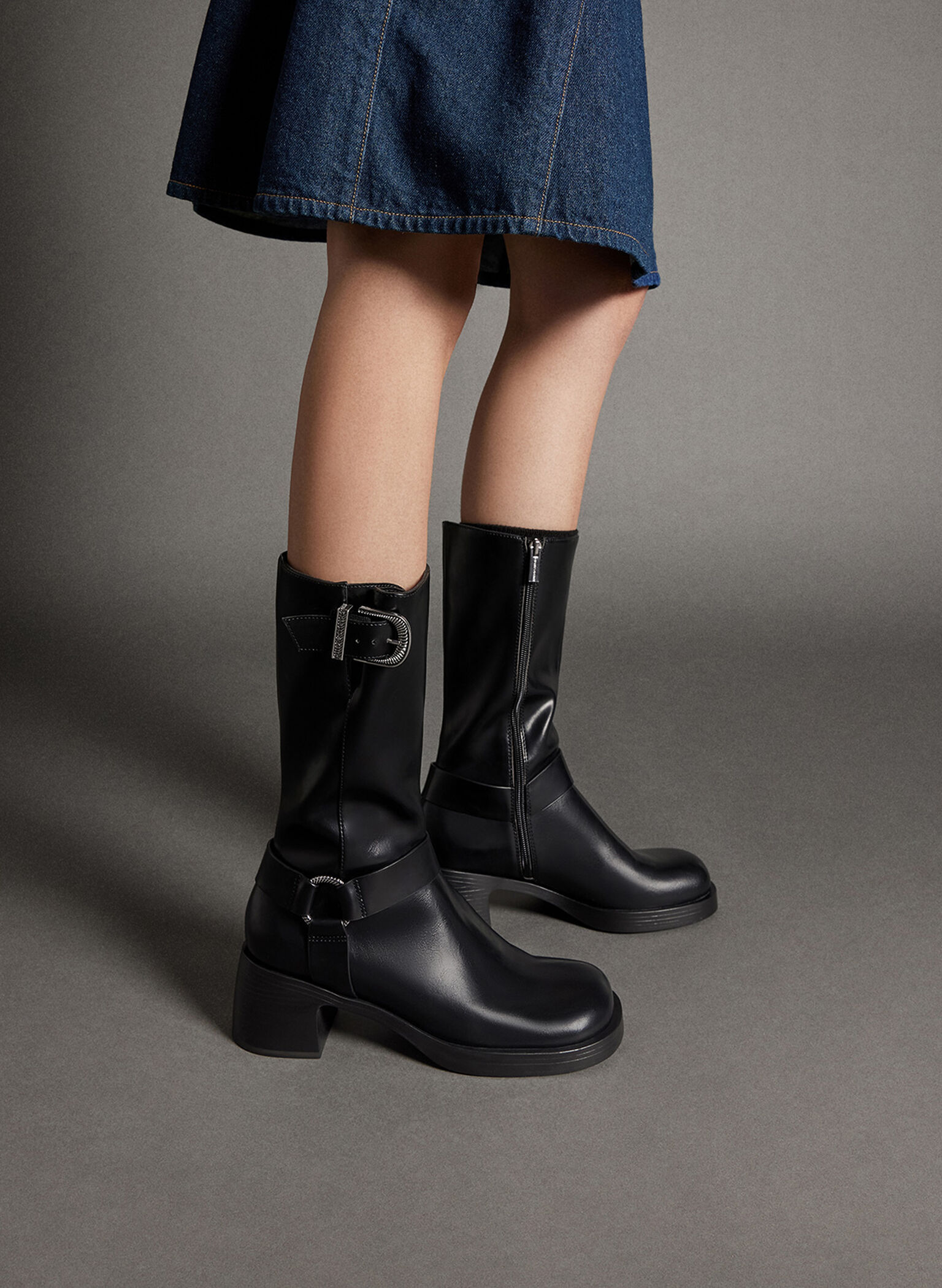 Kirke Buckled Mid-Calf Biker Boots, Black, hi-res