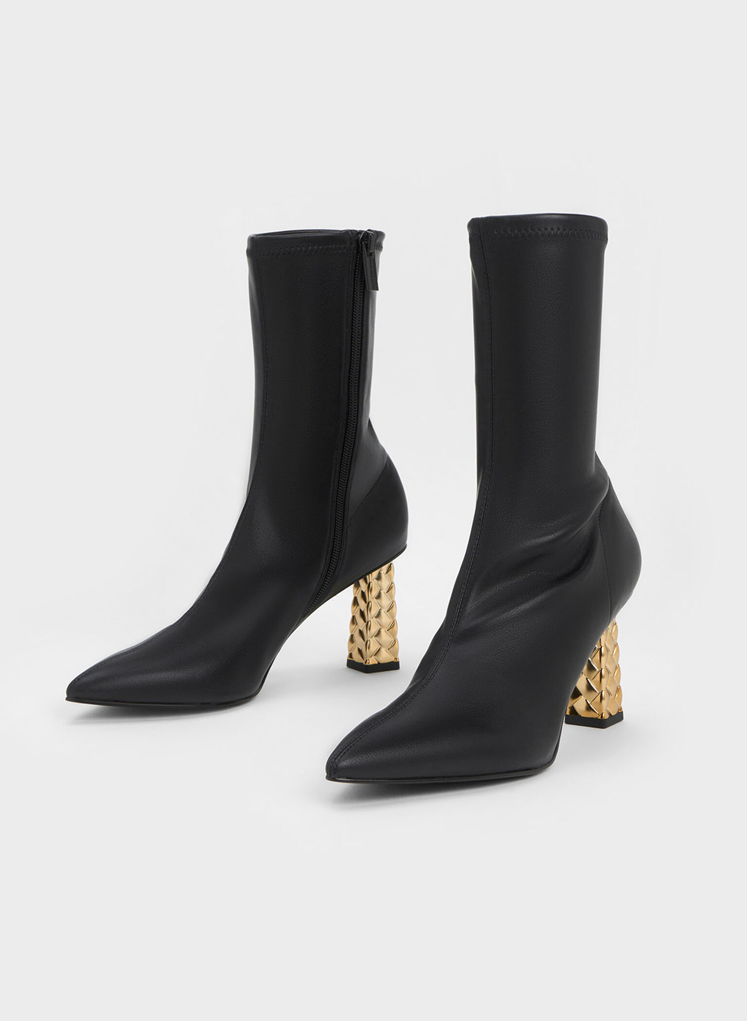 Pointed-Toe Quilted Heel Ankle Boots, Black, hi-res