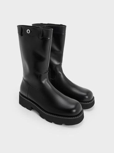 Side-Zip Lug-Sole Calf Boots, Black, hi-res