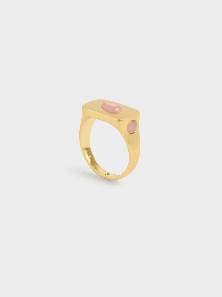 Rose Quartz Signet Ring, Brush Gold, hi-res
