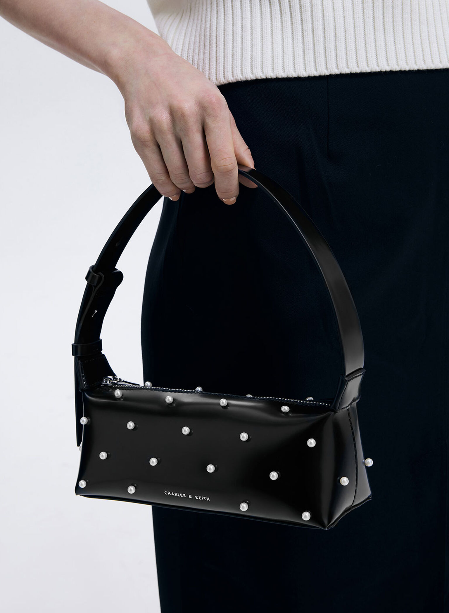 Pearl-Embellished Leather Top Handle Bag, Black, hi-res