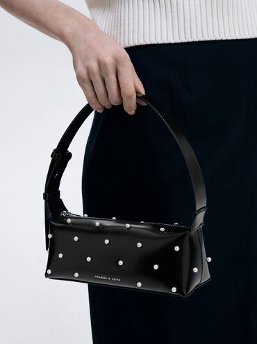Pearl-Embellished Leather Top Handle Bag, Black, hi-res