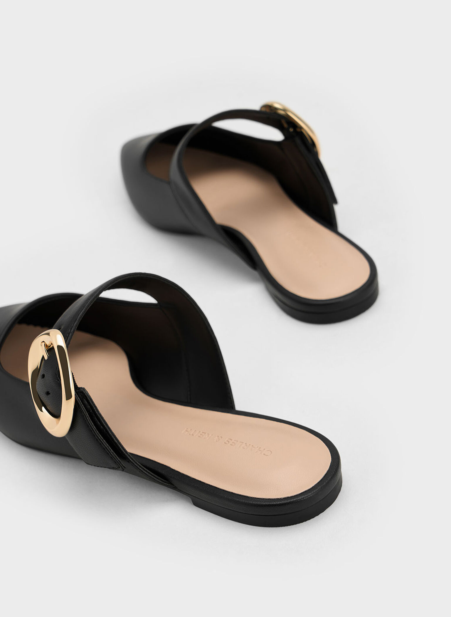 Buckle-Strap Flat Mules, Black, hi-res