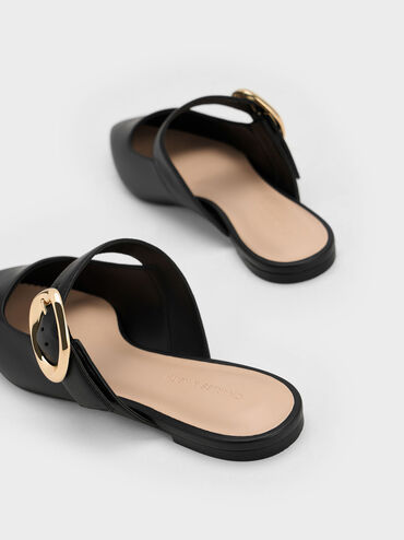 Buckle-Strap Flat Mules, Black, hi-res