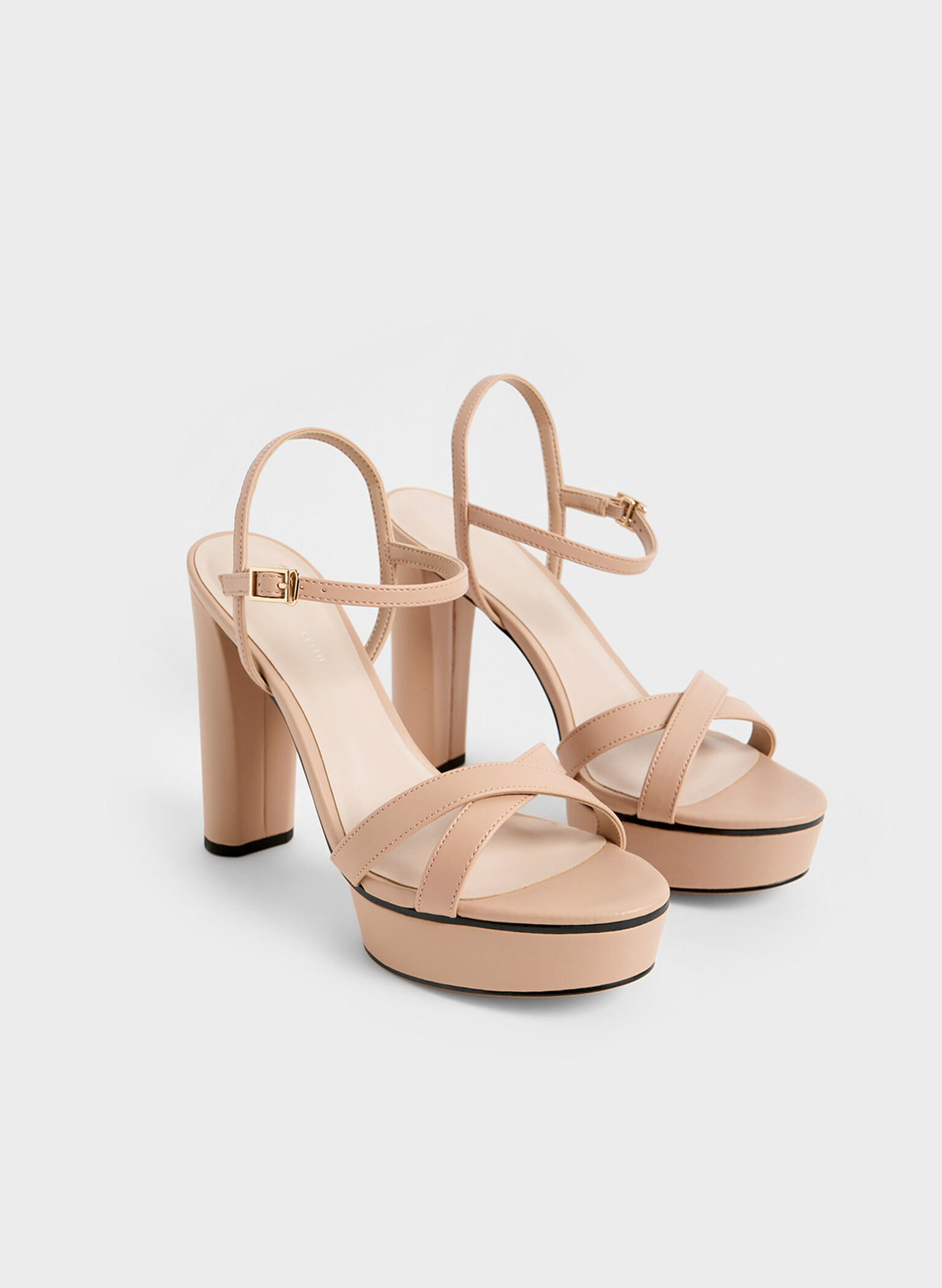 Crossover Platform Heeled Sandals, Nude, hi-res