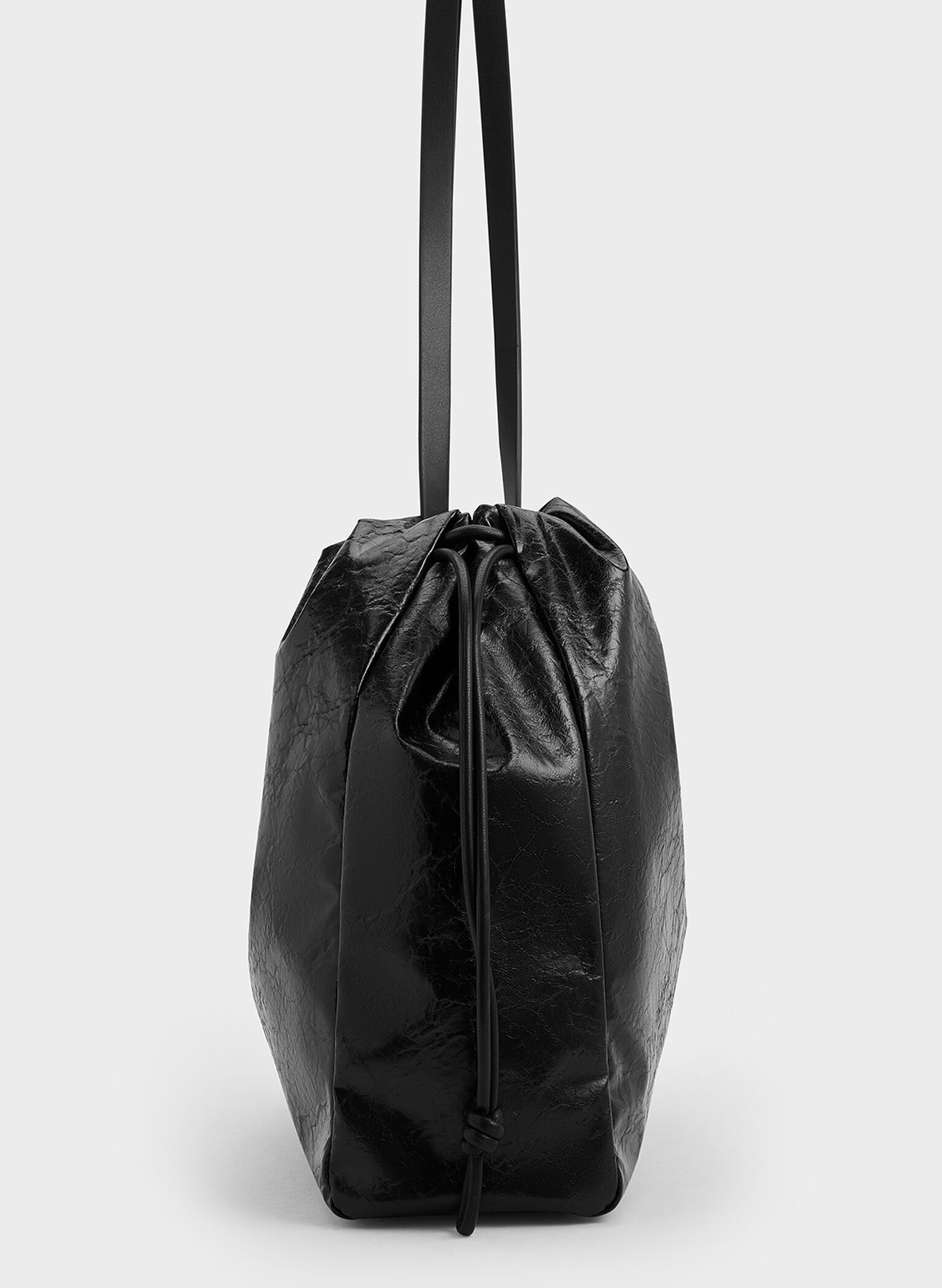Bethel Crinkle-Effect Ruched Drawstring Tote Bag, Black, hi-res