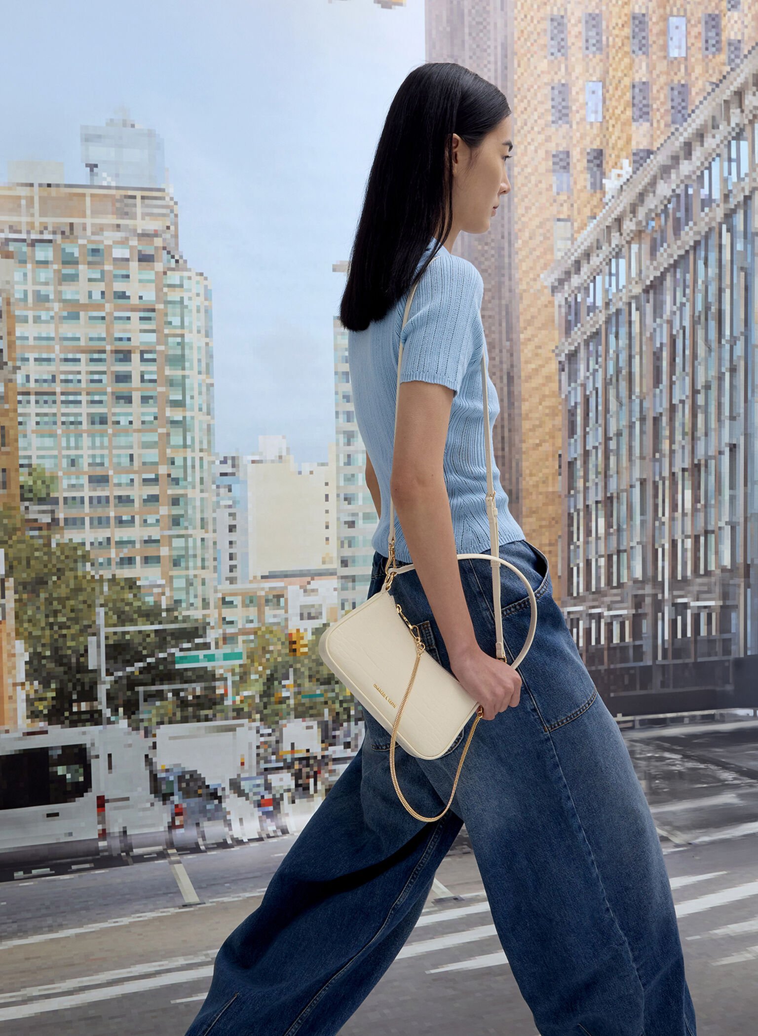Elspeth Croc-Effect Chain-Link Shoulder Bag, Cream Croco, hi-res