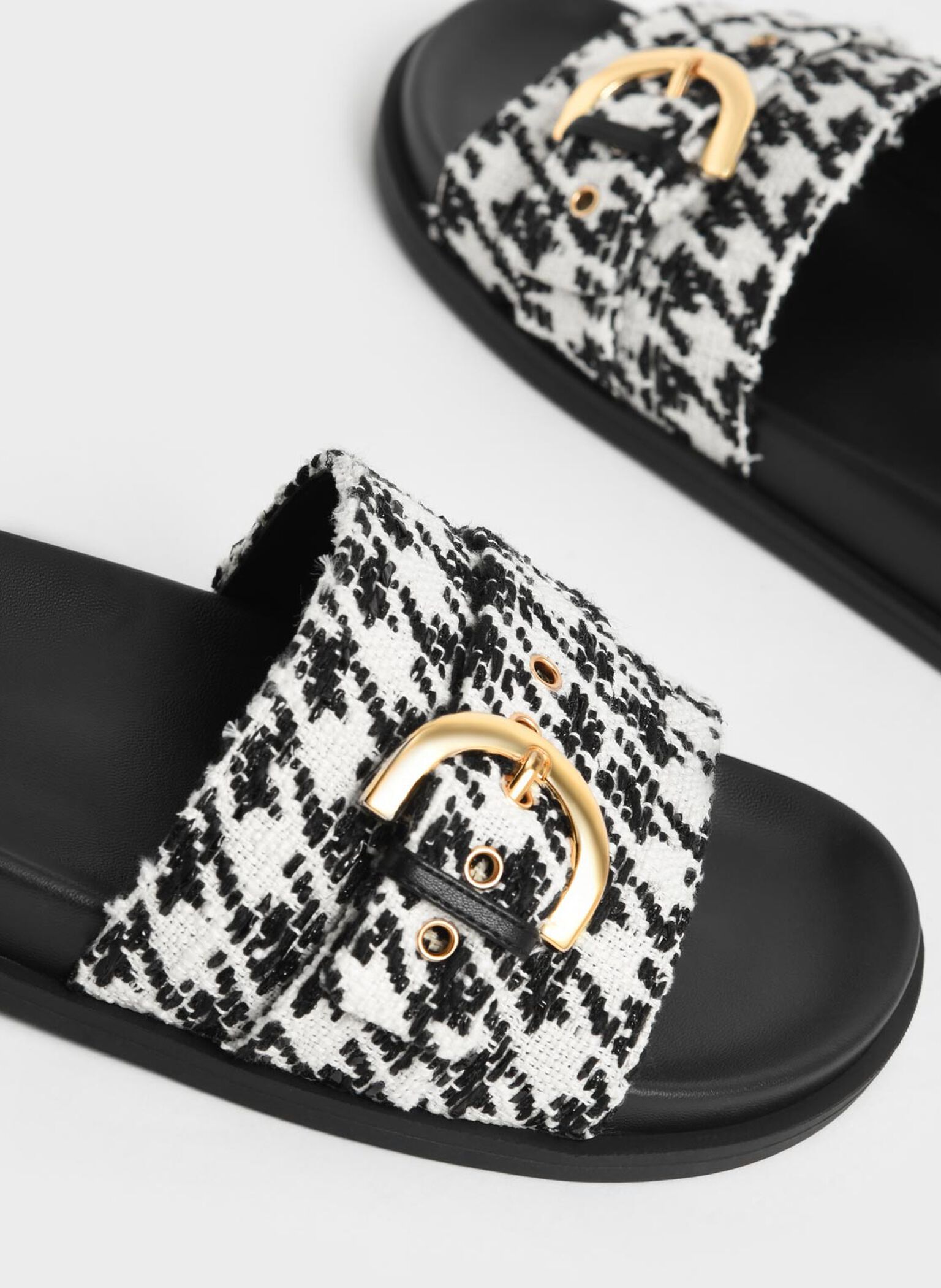 Houndstooth Studded Buckle Slide Sandals, Multi, hi-res