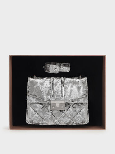 Edira Velvet Evening Bag & Lipstick Case, Grey, hi-res