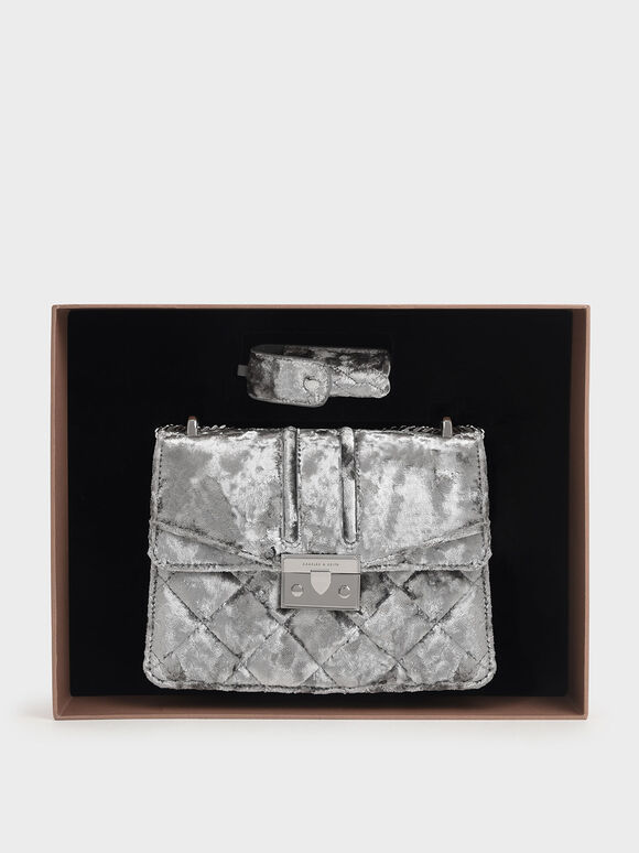 Holiday 2021 Collection: Edira Velvet Evening Bag & Lipstick Case, Grey, hi-res
