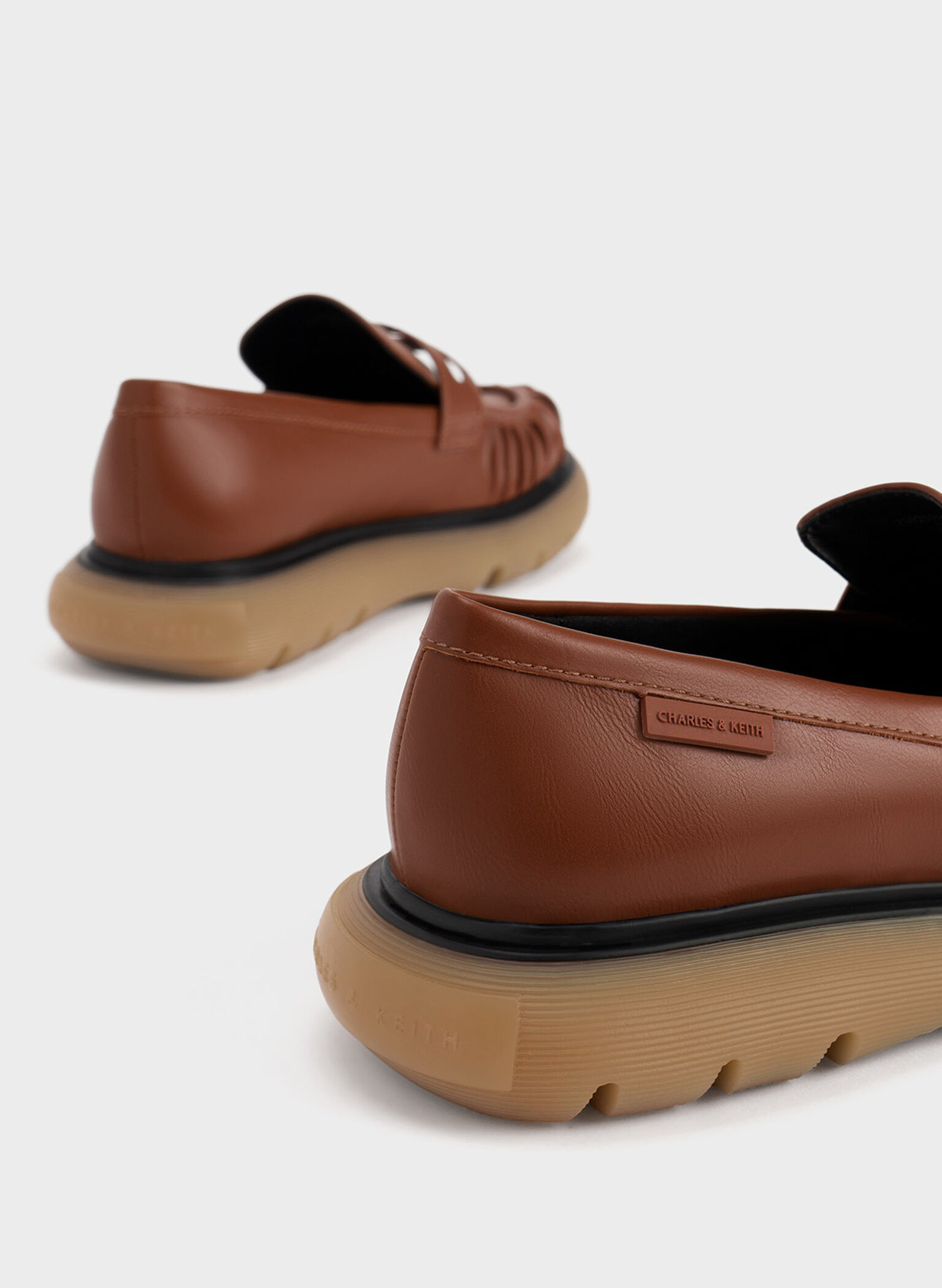 Ruched Ridged-Sole Penny Loafers, Cognac, hi-res