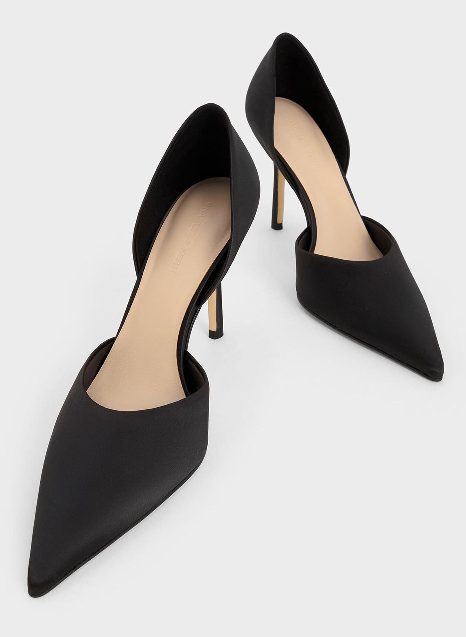 Satin Pointed-Toe D'Orsay Pumps, Black Textured, hi-res