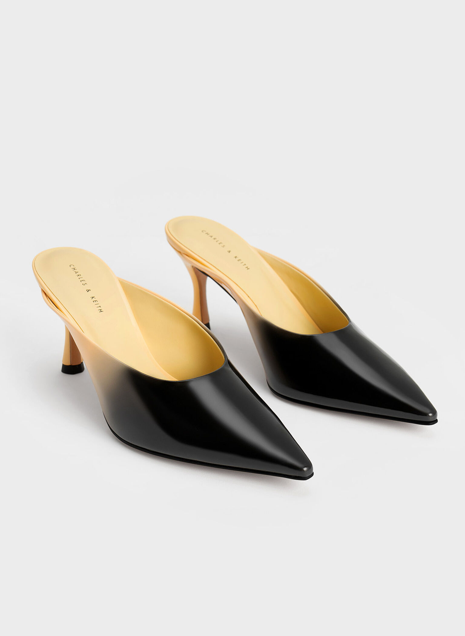 Patent Two-Tone Spool Heel Mules, Dark Grey, hi-res