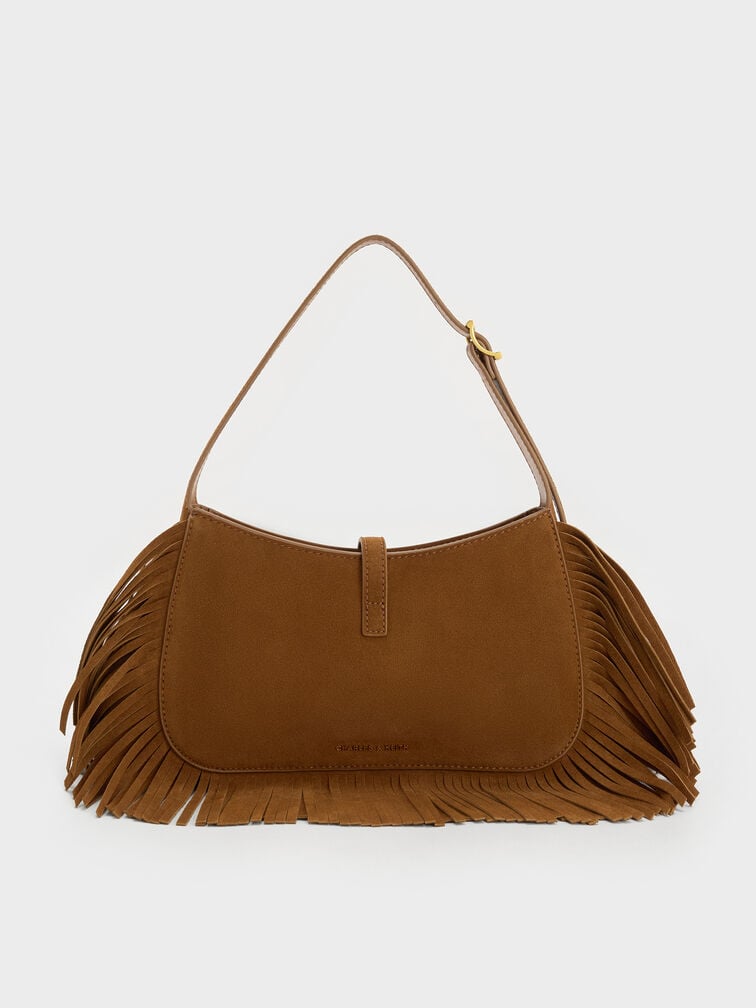 Cesia Recycled Suede Metallic-Accent Fringed Shoulder Bag, Sienna Brown, hi-res