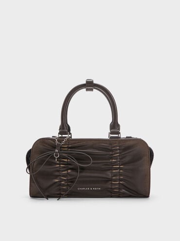 Kadee Ruched Bow-Charm Bowling Bag, Burnished Brown, hi-res