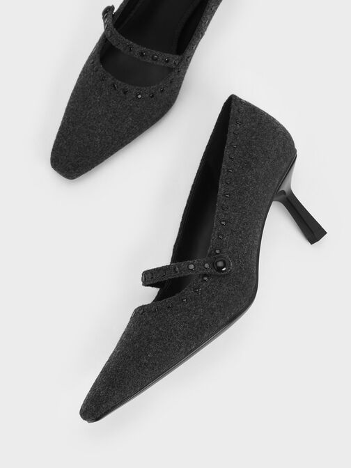 Textured Studded Mary Jane Pumps, Grey, hi-res