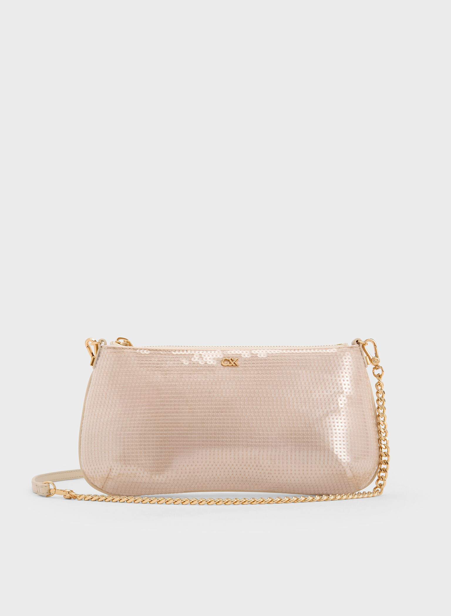 Sequin Mesh & Leather Shoulder Bag, Champagne Nude, hi-res