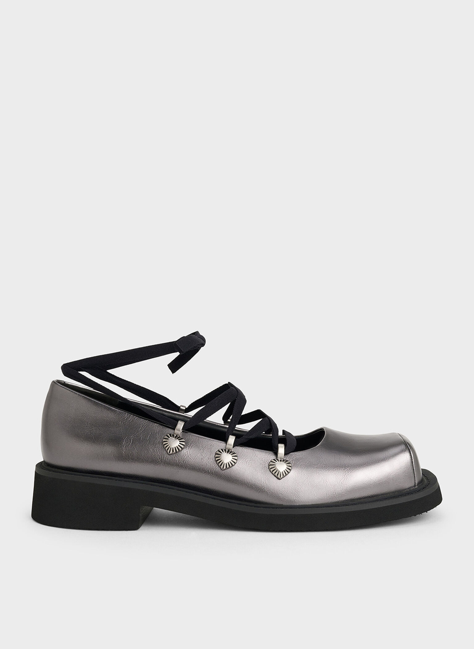 Metallic Heart-Embellished Lace-Up Ballet Flats, Pewter, hi-res