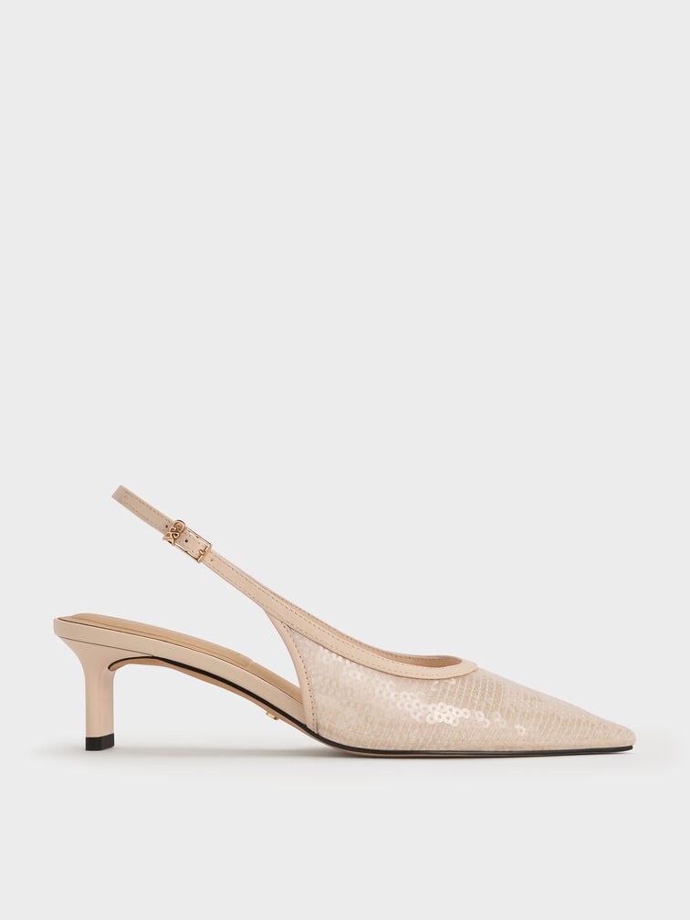 Sequin Mesh & Leather Slingback Kitten Heels, Nude, hi-res