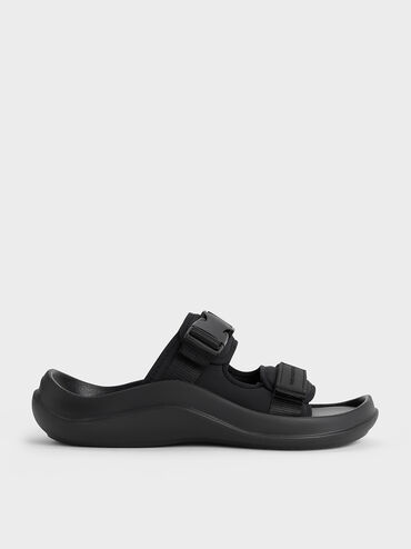 Nylon Double-Strap Sports Sandals, Black Textured, hi-res