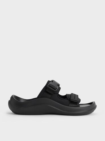 Nylon Double-Strap Sports Sandals, Black Textured, hi-res