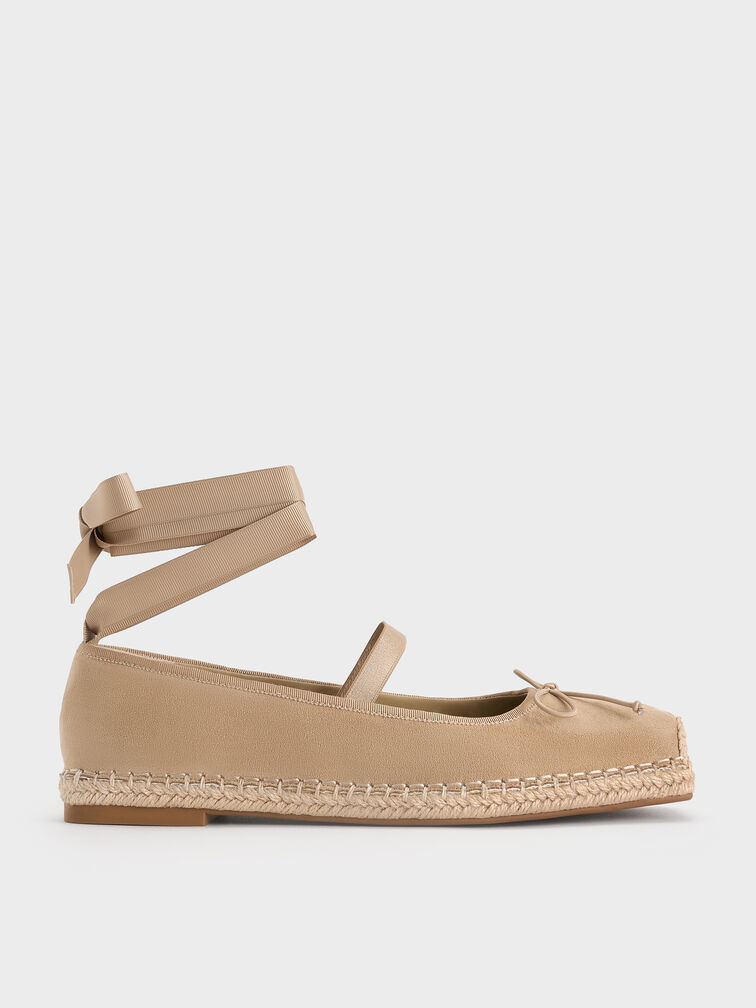 Faux Suede Bow Tie-Around Espadrille Ballet Flats, Sand, hi-res