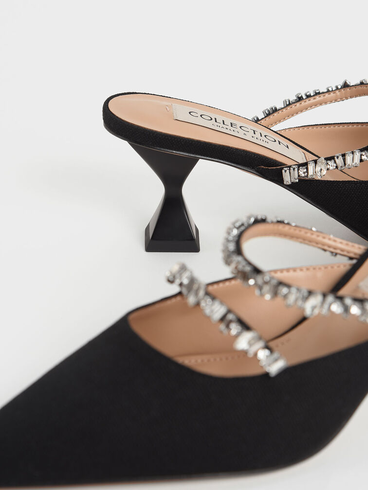 Canvas Double Gem Strap Mules, Black, hi-res