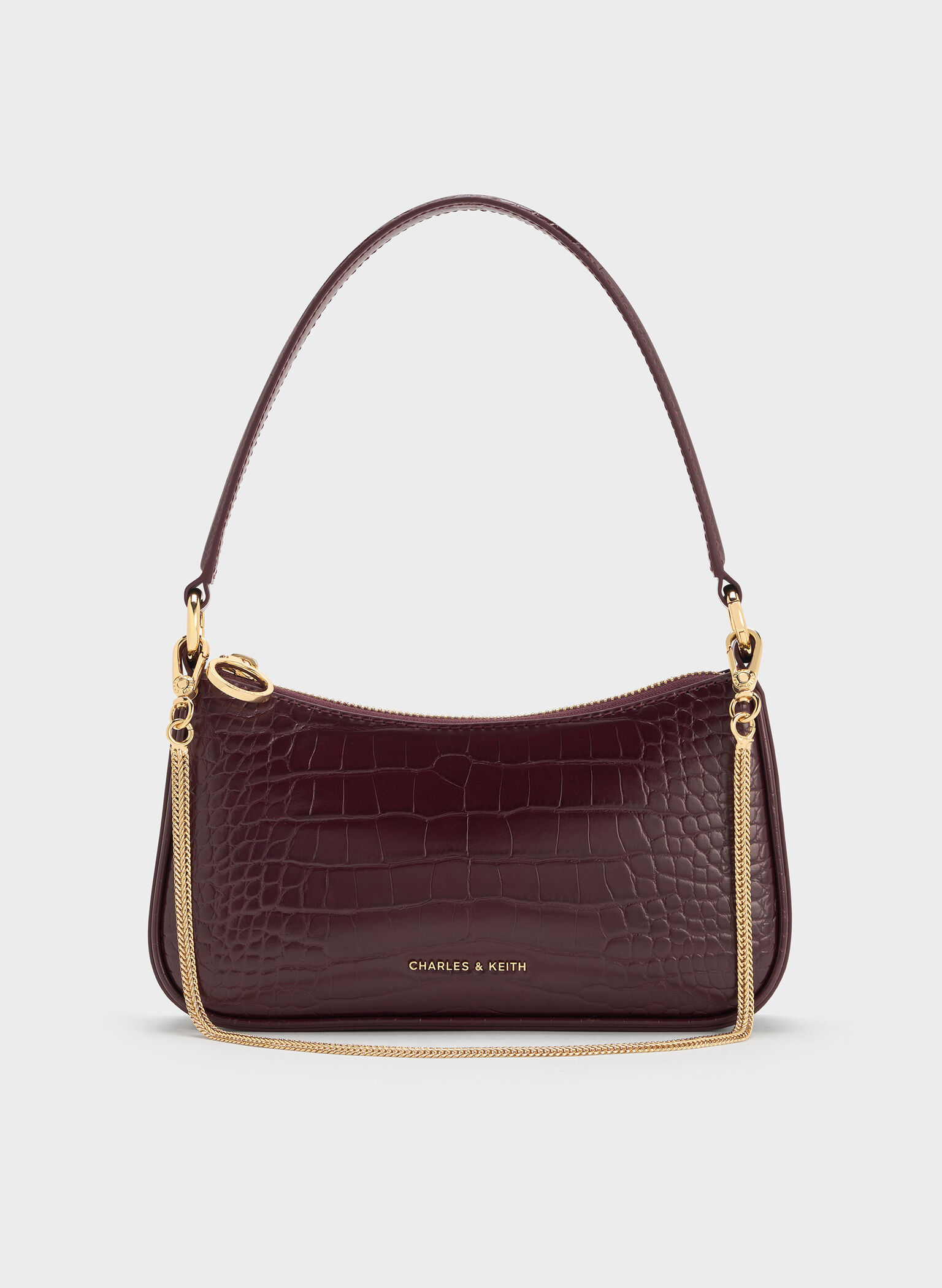 Elspeth Croc-Effect Chain-Link Shoulder Bag, Maroon Red Croco, hi-res