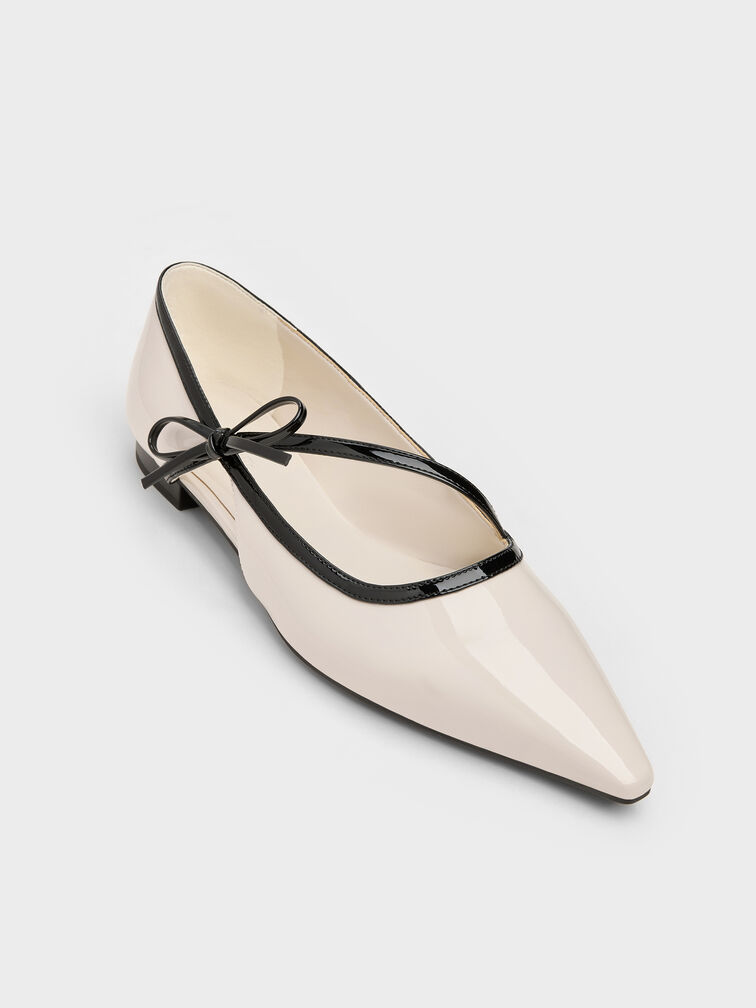 Patent Contrast-Trim Pointed-Toe Bow-Strap Flats, Chalk, hi-res