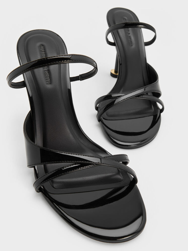 Patent Crossover Sculptural-Heel Strappy Mules, Black Patent, hi-res
