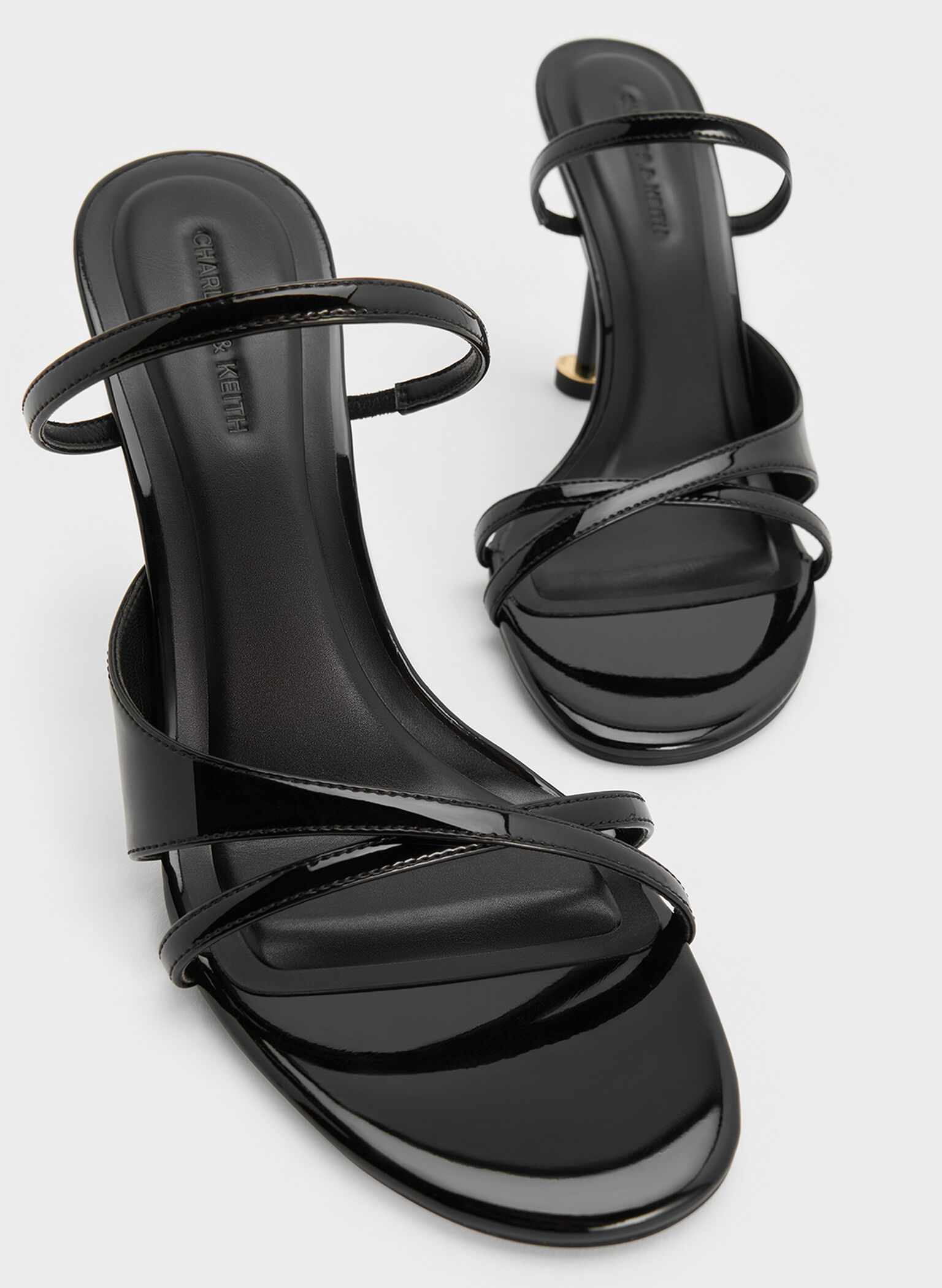 Patent Crossover Sculptural-Heel Strappy Mules, Black Patent, hi-res