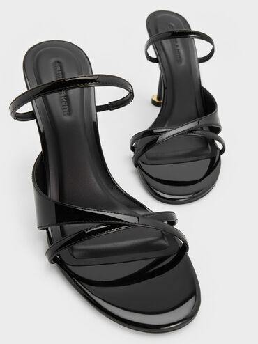 Patent Crossover Sculptural-Heel Strappy Mules, Black Patent, hi-res