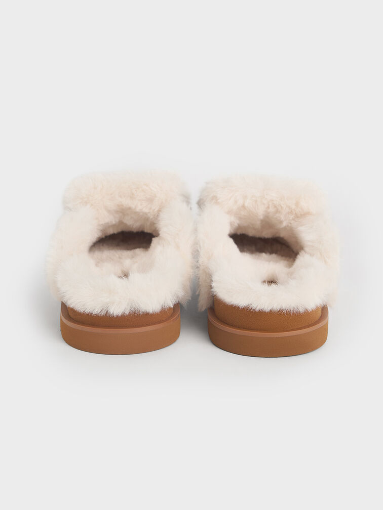 Textured Fur-Trim Flatform Mules, Brown, hi-res